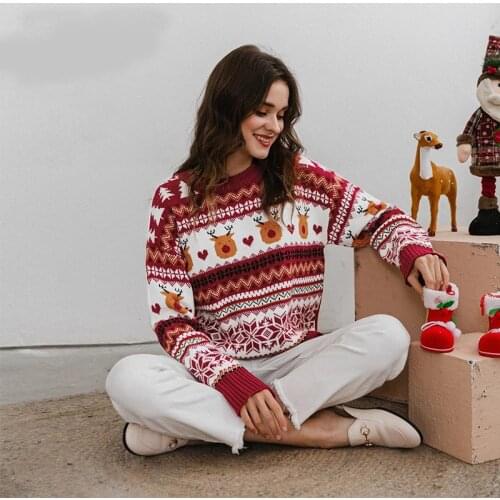 Stylish female red christmas printed knitted casual o neck long sleeve sweater korean pullover ladies winter sweater