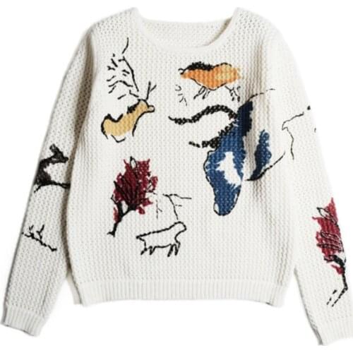 Autumn Winter Fashion Cutout Printed graffiti Knit Sweater Women Casual O-neck Long Sleeve Pullovers Loose Crop Top Sweater