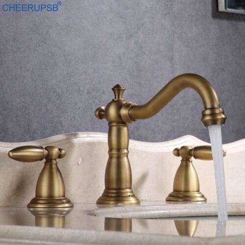 Three Hole Bathroom Faucet Retro Brass Gold Black Faucet Hot Cold Water Mixer Basin Tap Dual Handle Deck Mount Torneira Banheira
