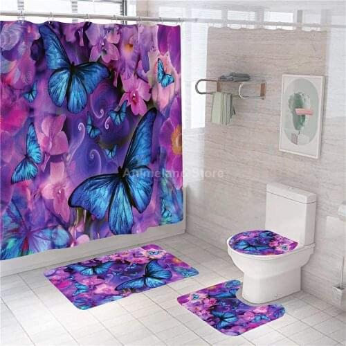Purple Butterfly Shower Curtain With Non Slip Rug Mat Bathroom Curtains Waterproof Polyester Bathroom Curtain with Hooks Flower