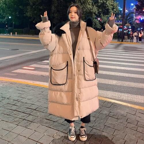 Winter Plus Long White Duck Down Womens Jacket Hooded Parkas Korean Style Loose Big Fur Collar All-Match Fashion Bread Coat