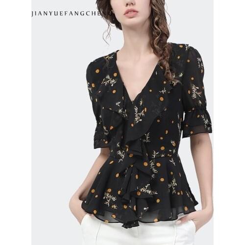 Fashion Chiffon Top Womens 2021 New Printing V-Neck Short Sleeve Blouses Fitted Waist Summer Casual Black Ruffles Small Shirts