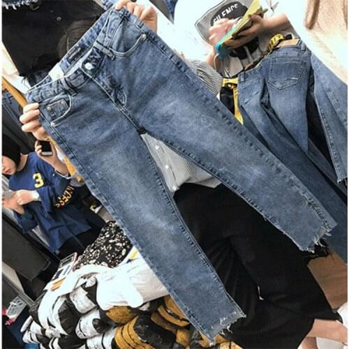 New Korean version plus size jeans women high waist elastic slim hole straight pants