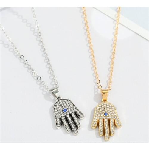 1PC Bohemia Rhinestone Hamsa Hand Necklace For Women Bohemia Fatima Hand Blue Zircon Evil Eye Pendant Necklace Choker Jewelry