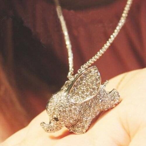 1Pcs Cute Luck Elephant Rhinestone Pendant Necklace Lovely Long Sweater Chain Necklace Jewelry