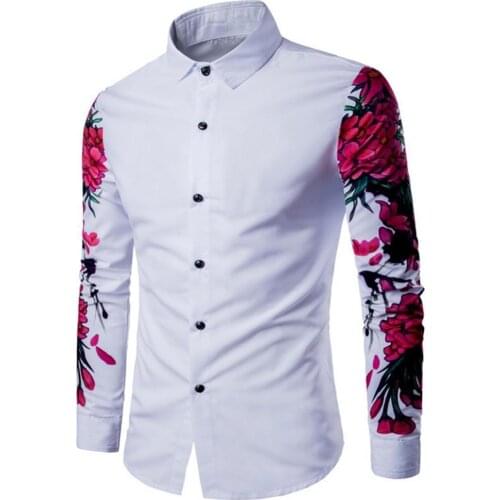 80%HOT Casual Men Solid Color Floral Print Long Sleeve Buttons Down Slim Shirt Blouse