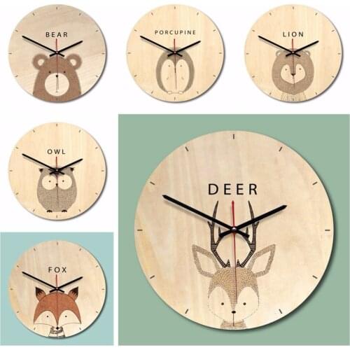 Carttoon Animal Wooden Wall Clock Round Vintage Diy Living Room Home Decor Digital Circular Quartz Watch Self Assembly 1pc