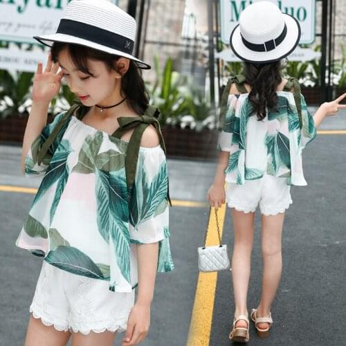 Children girl boy summer clothing set shoulderless printed shirts+shorts,kids girls fashion casual clothes set
