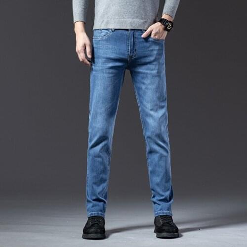 Brand Classic Style Men Brand Jeans Business Casual Stretch Slim Denim Pants Light Blue Black Trousers Male