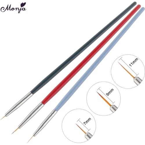 Monja 3pcs 7/9/11mm Nail Art Acrylic Handle Liner Brush French Stripe Lines Flower Design Painting Drawing Pen Manicure Tool
