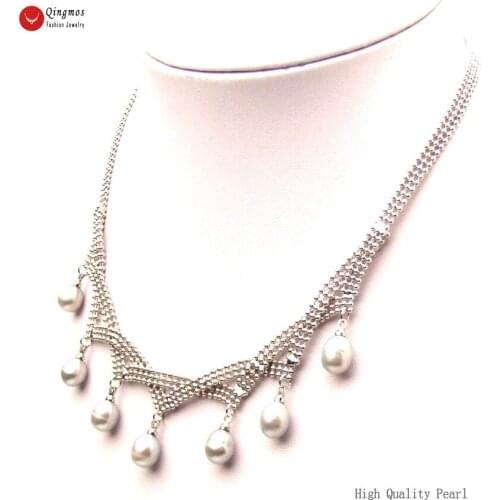 Qingmos Natural 7-8mm Gray Pearl Necklace for Women with 7 Peces Freshwater Drop Pearl Pendant Necklace Chain Chokers 16-17"