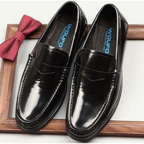 European style leather shoes men, round toe, cow patent leather single shoes, bright color, comfortable leather, love style