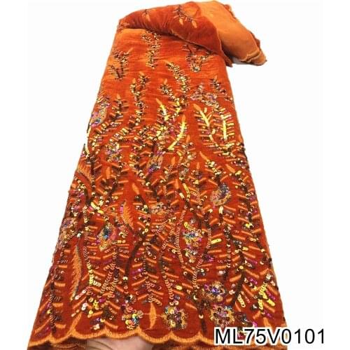 Beautifical African Lace Fabric 5 Yards Shinny Sequin Embroidery Nigerian Wedding Dress Material Velvet Lace Fabric ML75V01