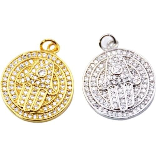 ASA&TESS Metal Copper Micro Pave CZ Hamsa Hand pendant Beads round disc Cubic Zirconia Palm Pendant For Jewelry Making