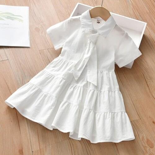 Baby Girls Summer Dress 2021 Short Sleeve Solid Bowknot Button Front Loose Fit Mini Dress WHite Casual Dresses