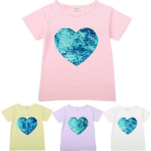 Summer Sequins Love Heart-shaped Children T-shirt Boy Girls Short Sleeve Fashion Sequin T shirt Baby Cotton Tops 2-7year Vest