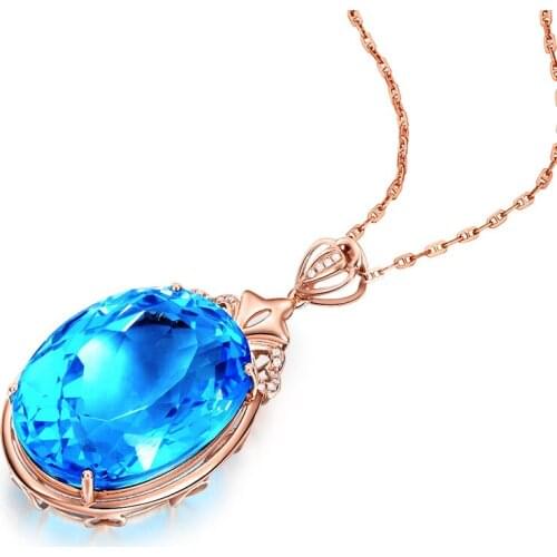 Megin D 18k Rose Gold Plated Ocean Blue Topaz Crystal Stone Luxury Oval Zircon Pendant Collar Chains Necklace for Women Jewelry