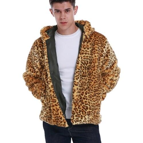 Mens Leopard Print Faux Fur Hooded Coat Autumn Winter Warm Plush Pockets Clothes Male Bomber Jacket Blazer Streetwear
