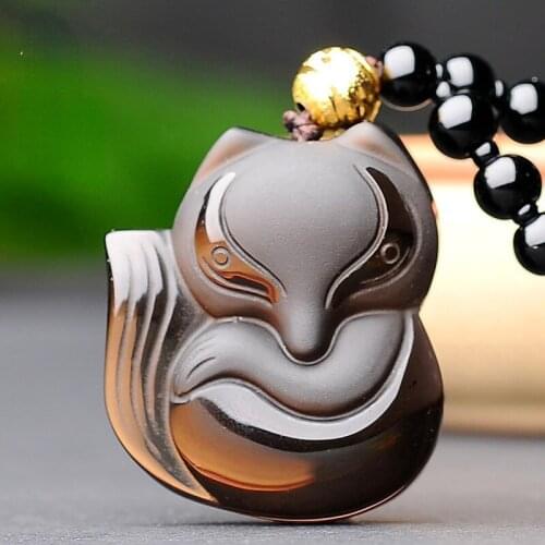 Natural Ice Obsidian Fox Pendant Necklace Beads Charm Jewellery Chinese Hand-Carved Fashion Amulet for Men Women Lucky Gifts