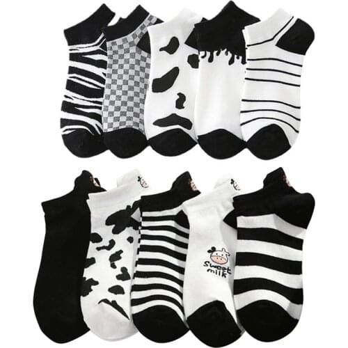 10 Pair Low Tube Asakuchi Cute Women Socks Set Summer Cotton Cow Print Ankle Socks Harajuku Korea Style Kawaii Aesthetic Sokken