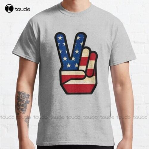 New Vintage Peace Sign Fingers American Flag Classic T-Shirt Cotton Tee Shirt Unisex horror shirt