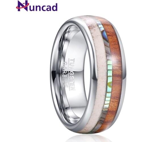 Deer Antlers Abalone Opal Stone Men Tungsten Steel Ring Dome Wood Leather Steel Carbon Engagement Rings Bague Homme Jewellery