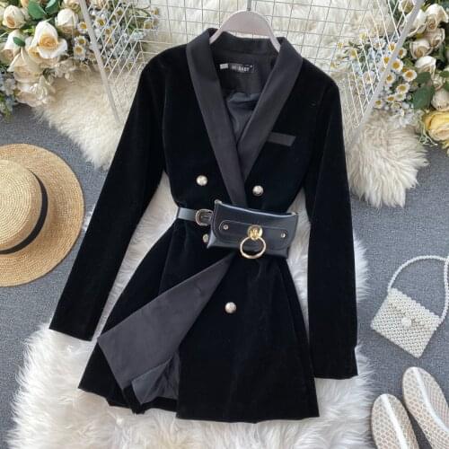 Autumn Winter British Elegant Double Breasted Suit Blazer Medium Long Retro Velvet Jacket
