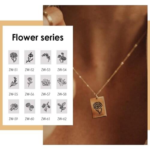 JUJIE Engrave Flower Necklace Pendant Square Gold Charm Choker Trendy Carnation Pendent 316 Stainless Steel Jewelry Women Gifts