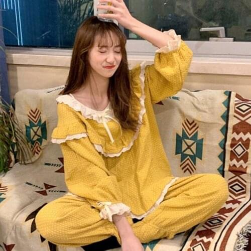 Princess sleeve cotton pajamas for women autumn winter sleepwear casual home clothes sweet ladies pyjamas set loose pijama mujer