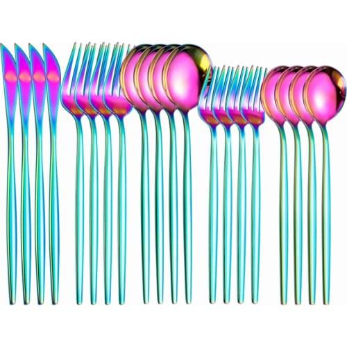 Rainbow Dinnerware Mirror Stainless Steel Tableware Set Knife Fork Dessert Spoon Flatware Safe Cutlery Set Kitchen Utensils Sets