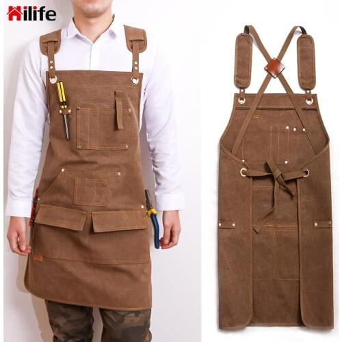 Adjustable Cross-Back Straps Canvas Apron with Tool Pockets For Woodworking Painting Craft Cafe Unisex