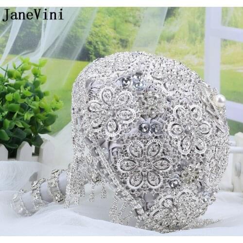 JaneVini Luxury Full Diamond Jeweled Silver Gray Bridal Bouquets Bling Crystal Artificial Satin Roses Bride Wedding Accessories