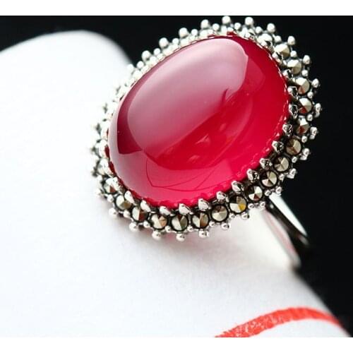 Hand set silver ring female retro red corundum 925 Sterling Silver Ring Opening