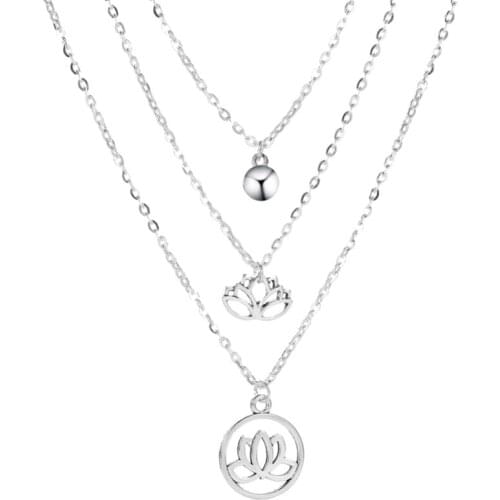 Three Layers Alloy Pendant Choker Necklace White Long Chain Hollow Lotus Light Fashion Jewelry For Wome