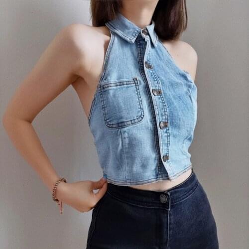 TVVOVVIN Korean Style Pockets Slim-fit Lapel Single-breasted Clip Denim Sexy Casual Fashionable Vest tops Women tank 9WOC