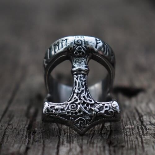 Viking Mjolnir Thors Hammer Rune Ring Mens Norse Stainless Steel Rings Amulet Biker Jewelry