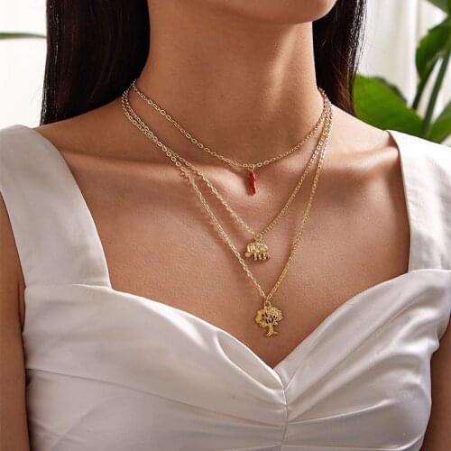 Vintage Multilayer Red Pepper Elephant Eye Tree Pendant Necklace Women Bohemian Geometric Clavicle Necklace Jewelry YN1634