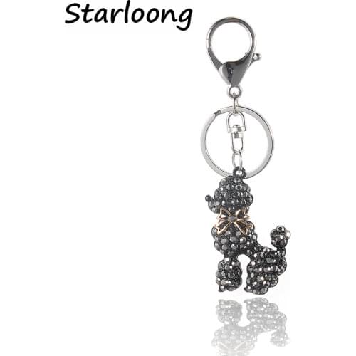 High Quality Drip Alloy Keychain Chaveiro cute little Poodle with bow rhinestone beads KeyChain women stainless Key Ring