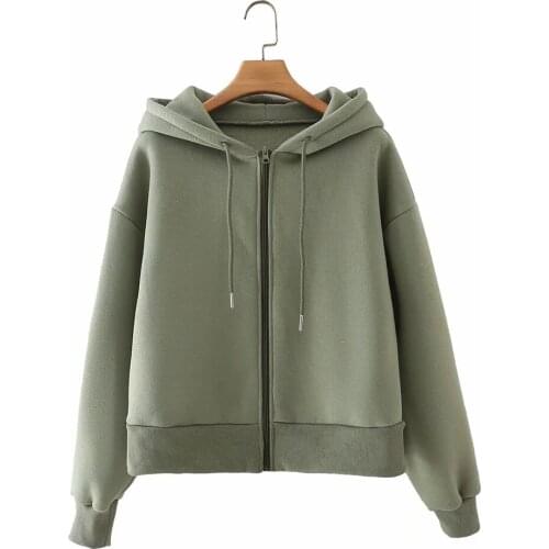 Women Cotton Green Plus Velvet Zipper Vintage Long Sleeve Jacket Female Elegant Streetwear Casual Hoodie Chic Tops