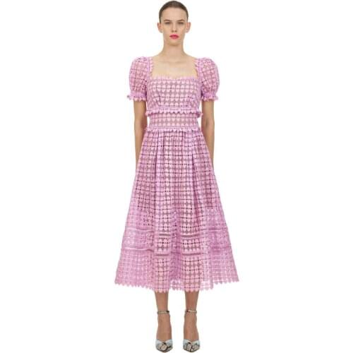 European Runway Designer Dress 2020 Women Summer Pink Elegant Heart Shaped Hollow Out Lace Long Dress