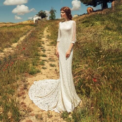 UZN Ivory Mermaid Lace Wedding Dress Scoop Neck Three Quarter Sleeves Bridal Gowns Sexy Backless Brides Dress Vestido De Novia