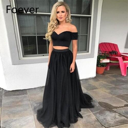 Simple Two Pieces Black Prom Dresses Long 2019 A-Line Sweetheart Off The Shoulder Tulle Women Formal Evening Gown Party Dress