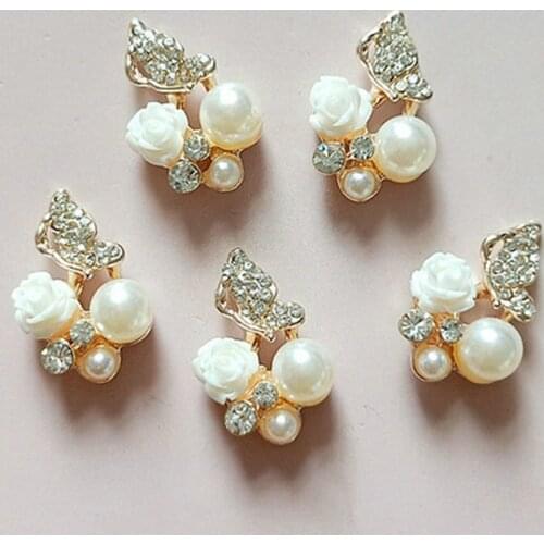 10 pcs/lot Alloy Gold Pearls Rhinestone Butterfly Buttons Ornaments Earrings Choker Hair Bow DIY Jewelry Accessories Handmade