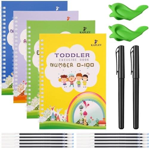4 Books + 2Pen Reusable 3D Magic Exercise Book Children 0-10 Writing Stickers Calligraphy English Numbers Letters Montessori Toy