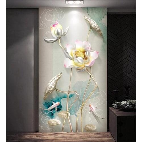 New Chinese style ink and lotus hand-painted relief zen simple background wall porch