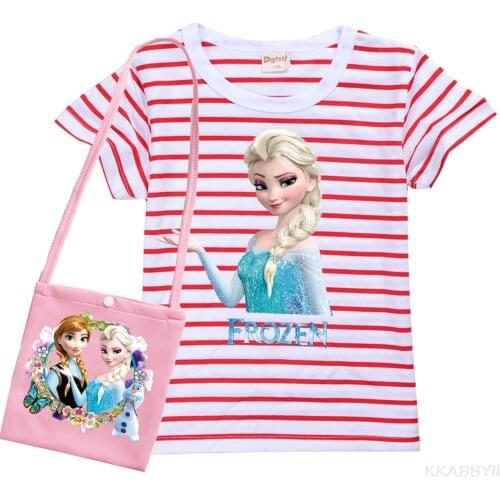 Disney Frozen Elsa Summer Stripe Cotton T Shirt +bag Kids Girls Cartoon Print Short Sleeve Tops Tees Baby Child Fashion Clothes