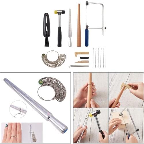 Essential Jewelry Making Tool Measuring Stick Mandrel Ring Sizer Adjuster Rubber Hammer Set