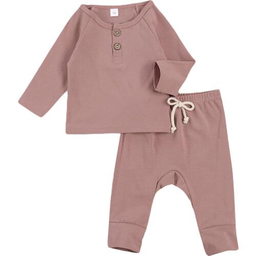 2 PCS Baby’s Warm Clothing Set New Born Boy Girl Solid Color Long Sleeve Button Top Long Pants with Drawstring Suit 0-24 Months