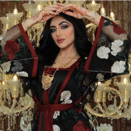 Muslim Women Islamic Clothing Embroidered Floral Lace Mesh Abaya Set Dubai Arabic Turkish Cardigan Kaftan Long Dress