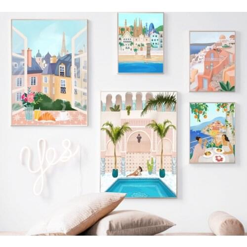 Aegean Paris Venice Coconut Tree Morocco Wall Art Canvas Painting Nordic Posters And Prints Wall Pictures For Living Room Decor